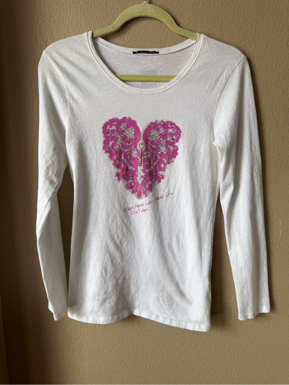 Elie Tahari White Long Sleeve Tee with Pink Heart Graphic
